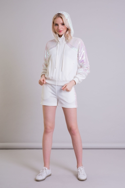 Gizia Sequin Detailed Hooded Bat Sleeve Ecru Sweatshirt. 2 Gizia Sequin Detailed Hooded Bat Sleeve Ecru Sweatshirt. 2