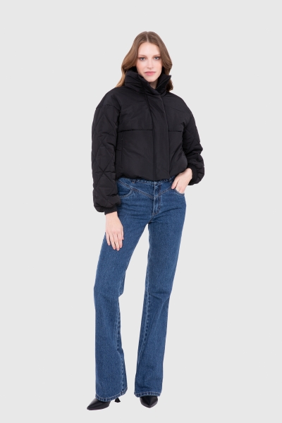Gizia Embroidered Back Short Inflatable Black Coat. 1