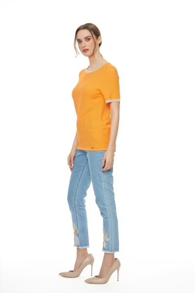 Gizia Sleeve Collar Glitter Garnish Orange Knitwear Blouse. 2