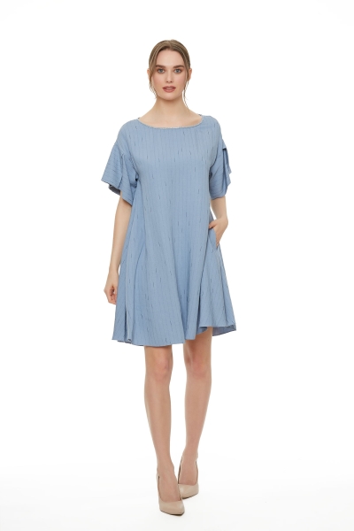 Gizia Sleeve Pleat Detailed Blue Above Knee Dress. 1