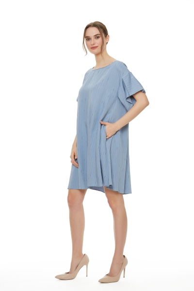 Gizia Sleeve Pleat Detailed Blue Above Knee Dress. 2
