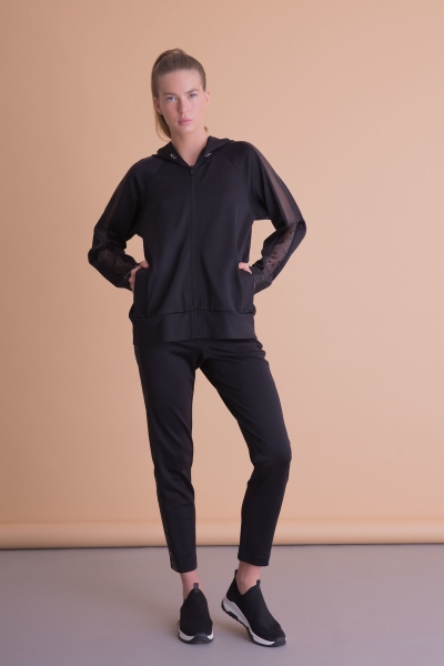 Gizia Sleeve Tulle Detailed Hooded Black Sweatshirt. 1