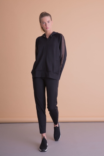 Gizia Sleeve Tulle Detailed Hooded Black Sweatshirt. 3