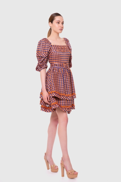 Gizia Square Collar And Stripe Detailed Plaid Mini Length Orange-Powder Dress. 1