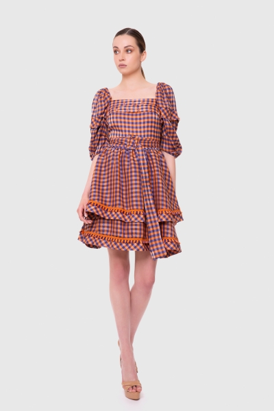 Gizia Square Collar And Stripe Detailed Plaid Mini Length Orange-Powder Dress. 2