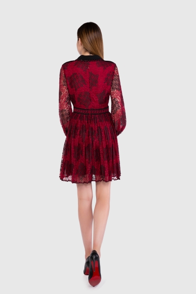 Gizia Stripe And Collar Detailed Pleated Lace Red Dress. 3