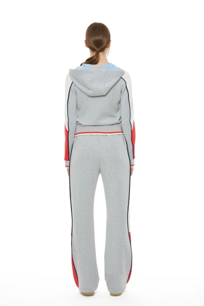 Gizia Stripe And Embroidery Detailed Zipper Hooded Gray Top. 1