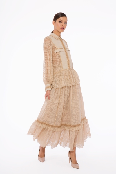 Gizia Stripe And Ruffle Detail, Embroidered Tulle Shirt Collar Beige Blouse. 1