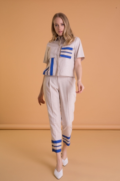 Gizia Stripe Detailed Ankle Length Beige Fabric Trousers. 1