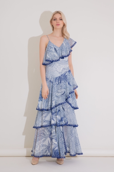 Gizia Stripe Detailed Ruffle Long Blue Chiffon Dress. 1