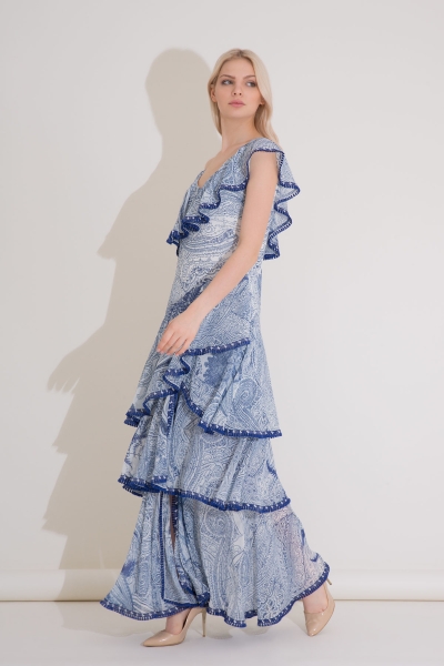 Gizia Stripe Detailed Ruffle Long Blue Chiffon Dress. 2