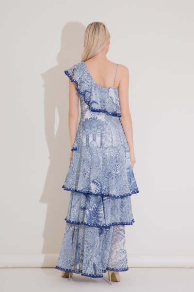 Gizia Stripe Detailed Ruffle Long Blue Chiffon Dress. 3