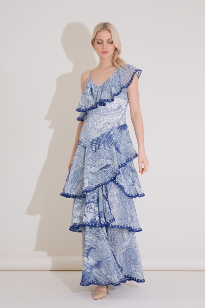 Gizia Stripe Detailed Ruffle Long Blue Chiffon Dress. 4