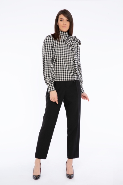 Gizia Tie Collar Checked Long Sleeve Black Blouse. 1