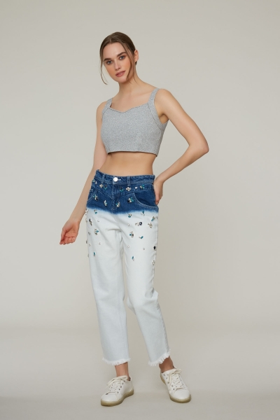Gizia Two Color Washed Stone Embroidered Jeans. 3