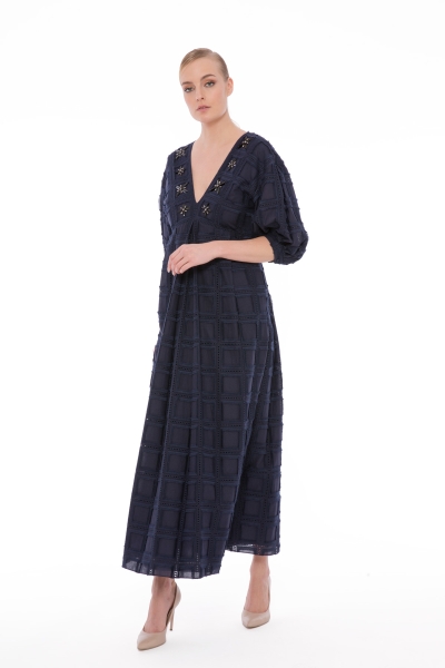 Gizia V-Neck Embroidered, Brode Navy Blue Long Dress. 1