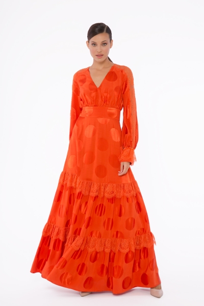 Gizia V-Neck, Lace Detailed Orange Long Dress. 1