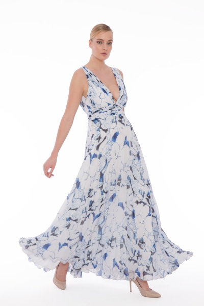 Gizia V-Neck Pleated Floral Patterned Chiffon Blue Wedding Dress. 1