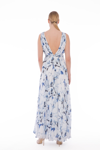 Gizia V-Neck Pleated Floral Patterned Chiffon Blue Wedding Dress. 2