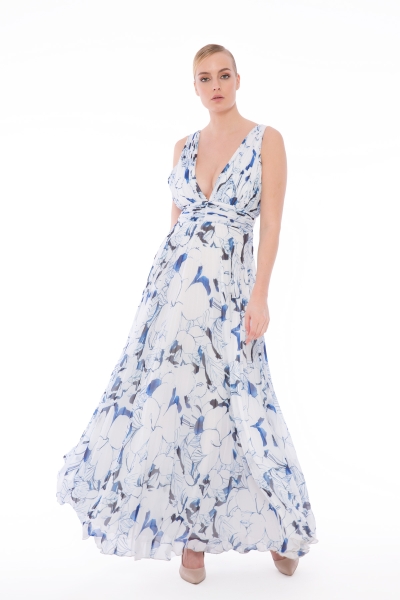 Gizia V-Neck Pleated Floral Patterned Chiffon Blue Wedding Dress. 3