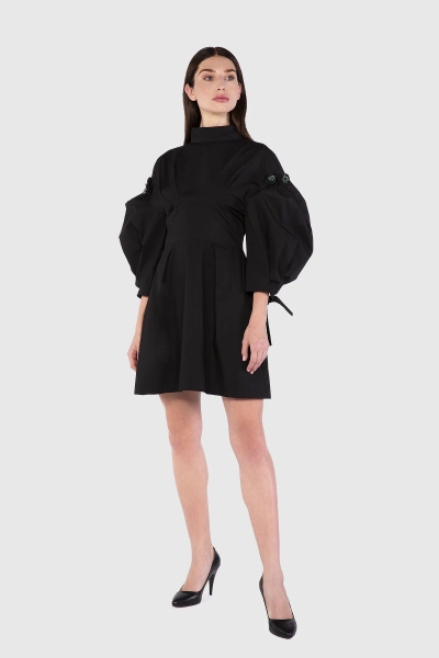Gizia Voluminous Sleeve Mini Black Dress. 1