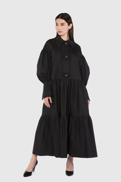 Gizia Wide Collar Long Poplin Black Dress. 1