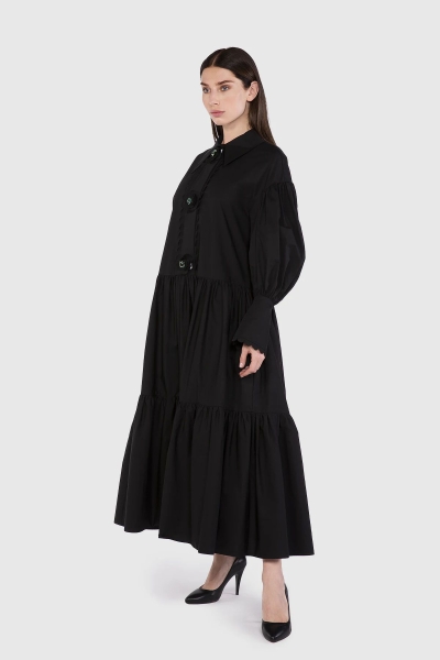 Gizia Wide Collar Long Poplin Black Dress. 2
