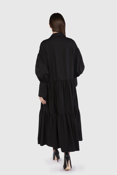 Gizia Wide Collar Long Poplin Black Dress. 3