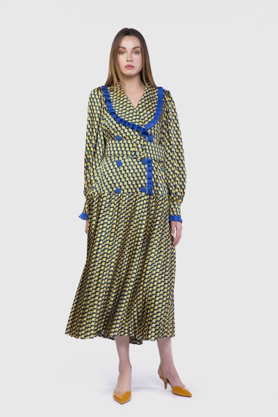 Gizia Yellow Geometric Pattern Pleated Midi Dress. 1