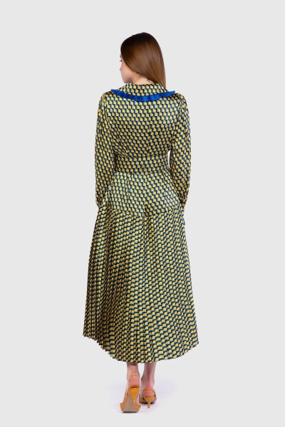 Gizia Yellow Geometric Pattern Pleated Midi Dress. 3