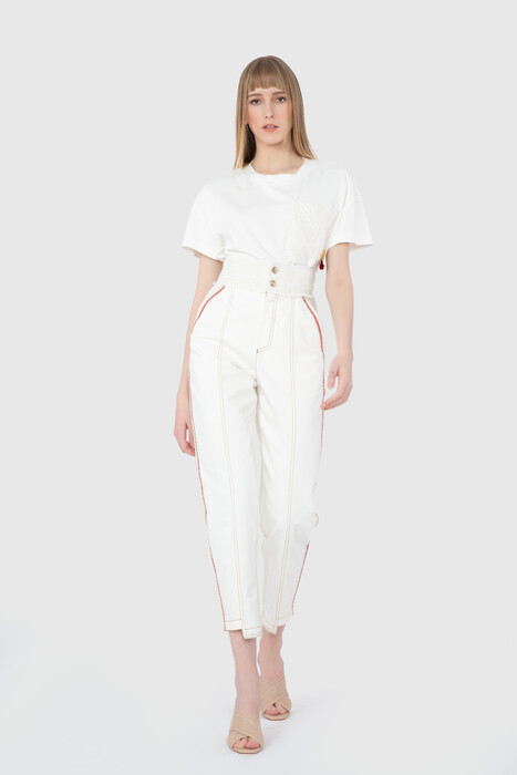Gizia Accessory And Stripe Detailed Contrast Fabric Mom White Jean. 1