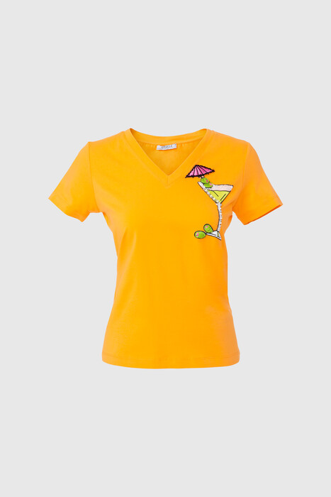 Gizia Embroidered Embroidery Detailed V-Neck Basic Orange Tshirt. 1