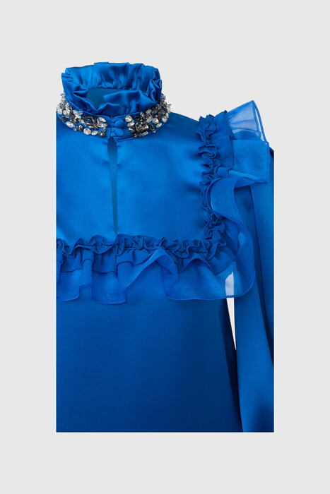 Gizia Tulle Detailed Sax Blouse with Frilled Collar. 2