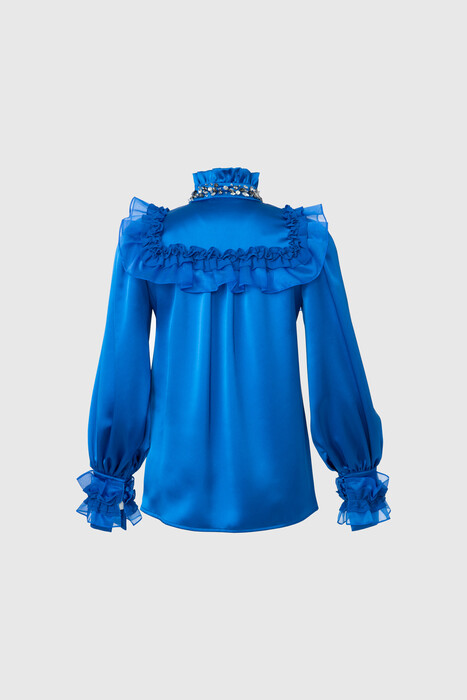 Gizia Tulle Detailed Sax Blouse with Frilled Collar. 3