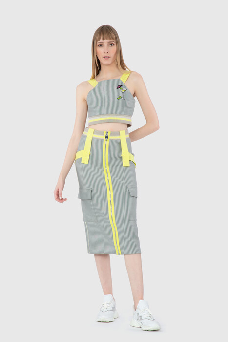 Gizia Neon Band Detail Diving Fabric Midi Length Narrow Beige Skirt. 1