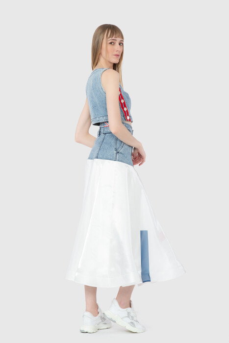 Gizia Organza Stripe Printed High Waist Midi Length Navy Blue Skirt. 2