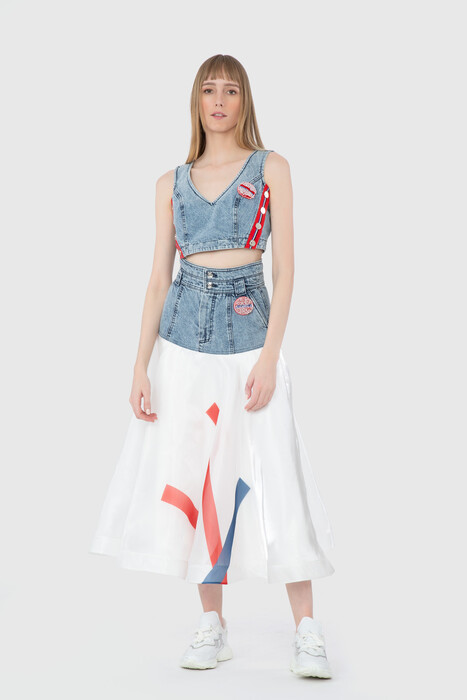 Gizia Organza Stripe Printed High Waist Midi Length Navy Blue Skirt. 1