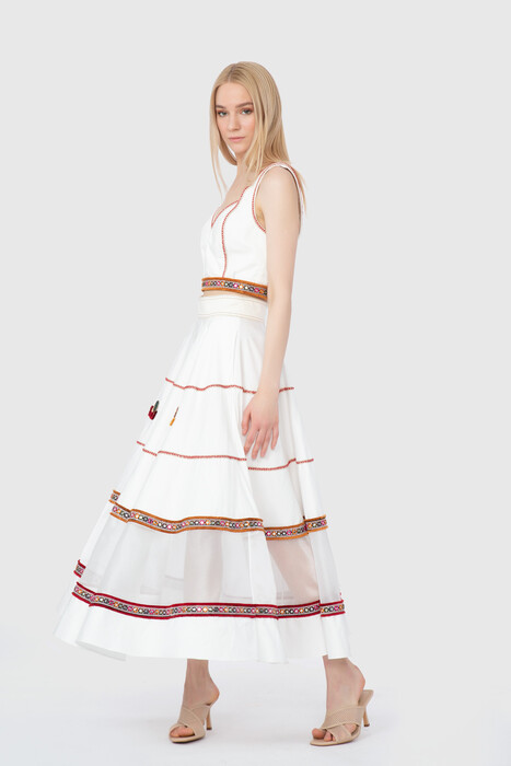 Gizia Organza Garnish Stripe And Ethnic Accessory Detail Ecru Skirt. 2