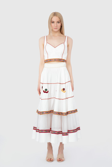 Gizia Organza Garnish Stripe And Ethnic Accessory Detail Ecru Skirt. 1