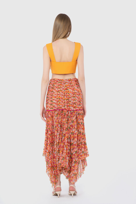 Gizia Pleat Detail Crispy Floral Midi Length Orange Skirt. 2