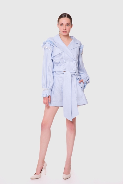 Gizia Embroidered And Frill Detailed Collar Buttoned Blue Short Blouse Jacket. 1