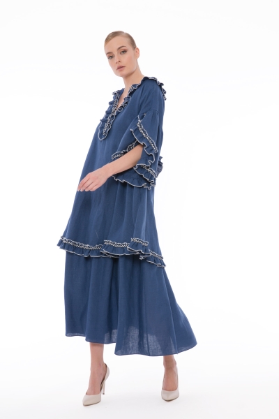 Gizia Ruffle Detailed Long Indigo Dress. 3