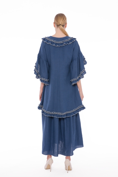 Gizia Ruffle Detailed Long Indigo Dress. 2