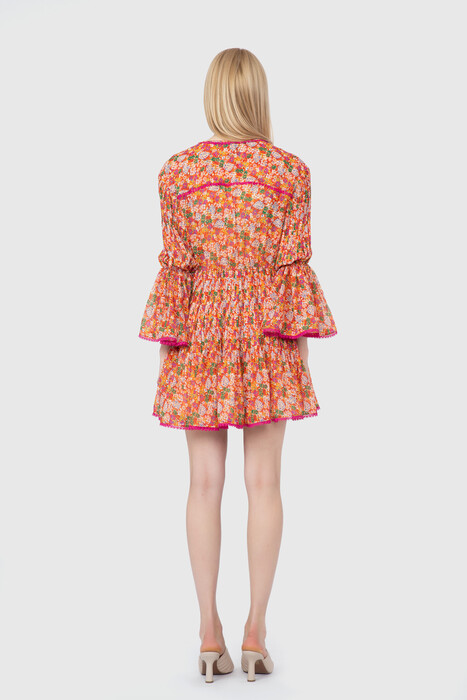 Gizia Pleated Crispy Floral Pattern Mini Orange Dress. 3
