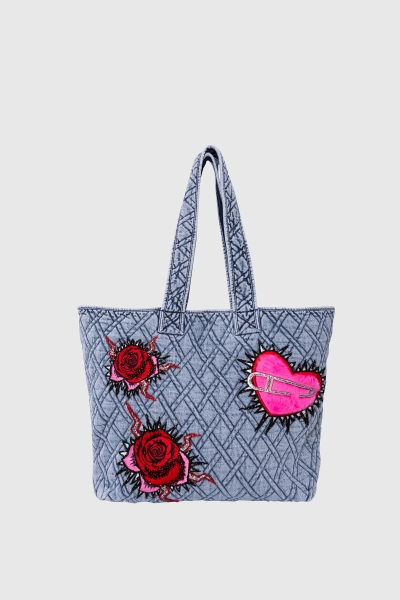 Gizia Quilted And Embroidery Detailed Jean Blue Tote Bag. 3