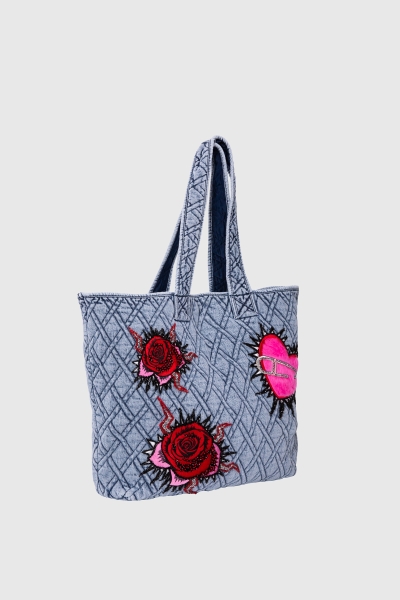Gizia Quilted And Embroidery Detailed Jean Blue Tote Bag. 2