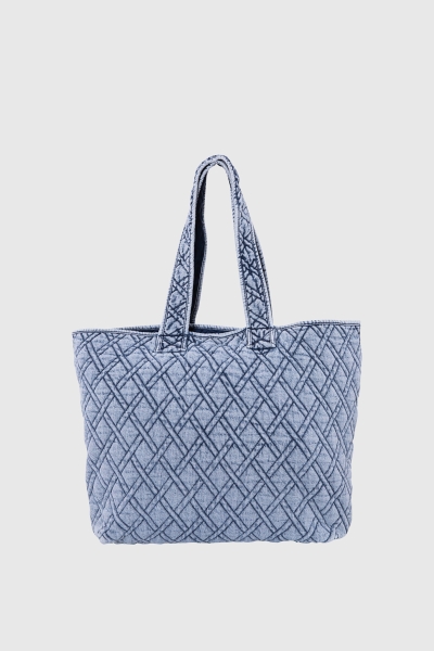 Gizia Quilted And Embroidery Detailed Jean Blue Tote Bag. 1