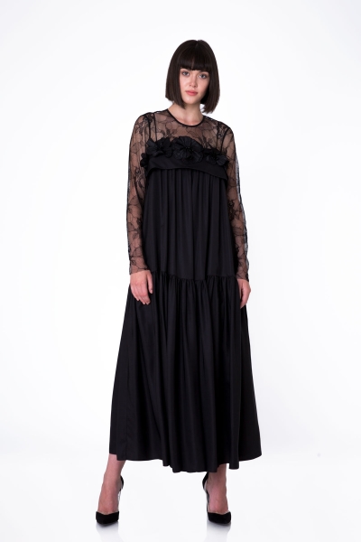 Gizia Dantel Üst Detaylı Çiçek Aplikeli Uzun Siyah Elbise. 1