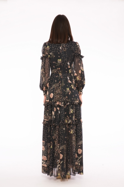 Gizia Fırfır Detaylı Bağcık Yakalı Uzun Desenli Şifon Elbise. 2