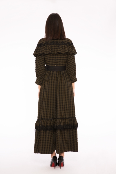 Gizia Dantel, Fırfır Detaylı, Kemerli Ekose Büzgülü Maxi Elbise. 2
